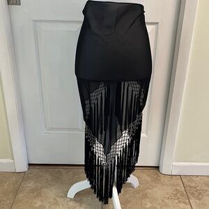 Elegant Black Fringe and Silver Beaded Large Twirling Hip Scarf